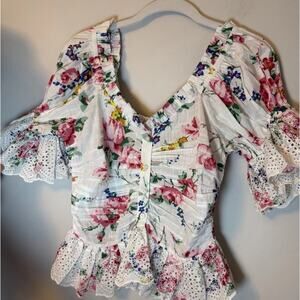 By Timo Cotton Puff Sleeve Top Eyelet Details Floral Sz S NWT $205